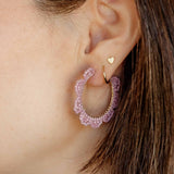 Mauve Daisy Beaded Hoop Earrings