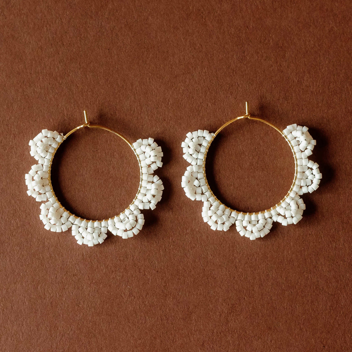 Cream Daisy Beaded Hoop Earrings